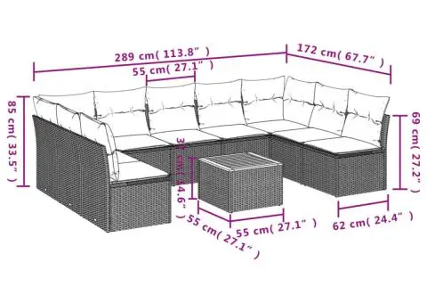 Set mobilier de grădină cu perne, 10 piese, gri, poliratan - 3/3