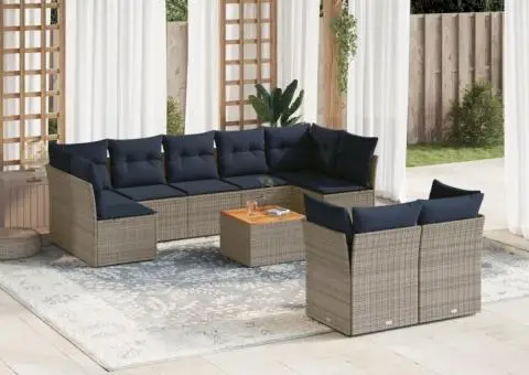 Set canapele de grădină cu perne, 10 piese, gri, poliratan - 1/3