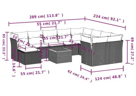 Set canapele de grădină cu perne, 11 piese, negru, poliratan - 3/3