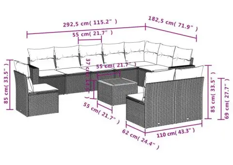 Set canapele de grădină cu perne, 11 piese, negru, poliratan - 3/3