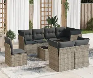 vidaXL Set canapele de grădină, 9 piese, cu perne, gri, poliratan