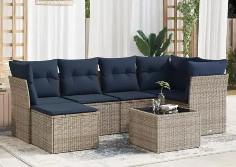 Set canapele de grădină cu perne, 7 piese, gri, poliratan - 1/3