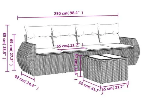 Set canapele de grădină cu perne, 5 piese, maro, poliratan - 3/3