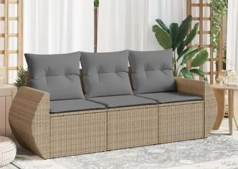 Set canapele de grădină, 3 piese, cu perne, bej, poliratan - 1/3