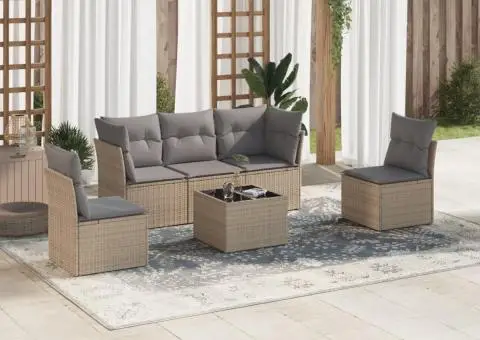 Set canapele de grădină cu perne, 6 piese, bej, poliratan - 1/3