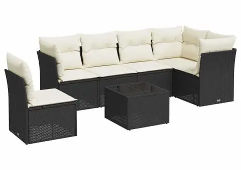 Set canapele de grădină cu perne, 7 piese, negru, poliratan - 2/4