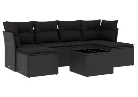 Set canapele de grădină cu perne, 7 piese, negru, poliratan - 2/3