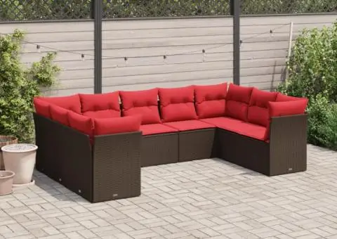 Set canapele de grădină cu perne, 9 piese, maro, poliratan - 1/3