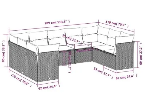 Set canapele de grădină cu perne, 9 piese, maro, poliratan - 3/3