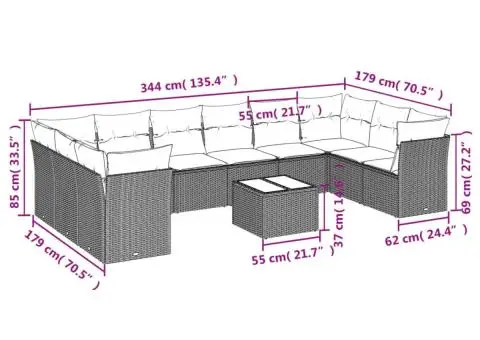 Set canapele de grădină cu perne, 11 piese, gri, poliratan - 3/3