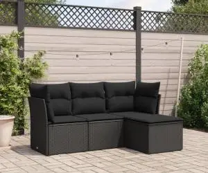 vidaXL Set mobilier de grădină cu perne, 4 piese, negru, poliratan