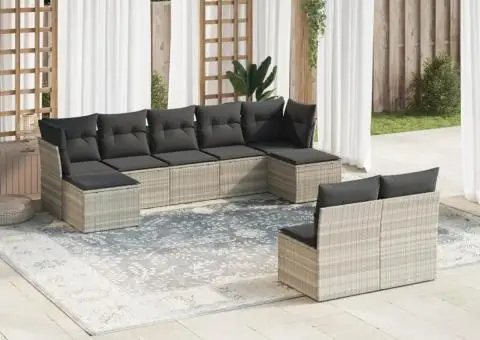 Set canapele de grădină cu perne, 9 piese gri deschis poliratan - 1/3