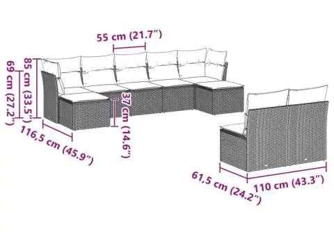 Set canapele de grădină cu perne, 9 piese gri deschis poliratan - 3/3