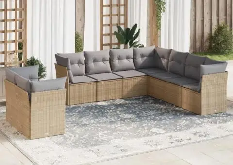 Set canapele de grădină, 9 piese, cu perne, bej, poliratan - 1/3