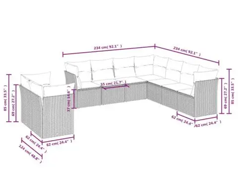 Set canapele de grădină, 9 piese, cu perne, bej, poliratan - 3/3