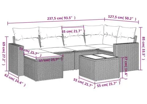 Set canapele de grădină cu perne, 7 piese, negru, poliratan - 3/3