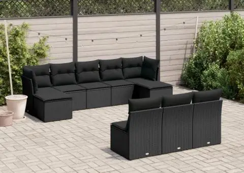 Set canapele de grădină cu perne, 10 piese, negru, poliratan - 1/3