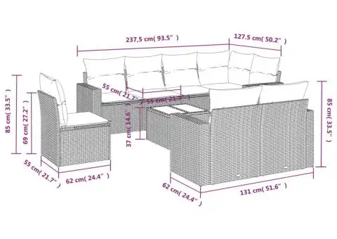 Set canapele de grădină cu perne, 9 piese, maro, poliratan - 3/3
