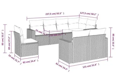 Set canapele de grădină cu perne, 8 piese, maro, poliratan - 3/3