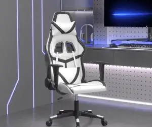 vidaXL Scaun de gaming de masaj, alb și negru, piele ecologică