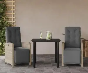 vidaXL Set bistro cu perne, 3 piese, gri deschis, poliratan