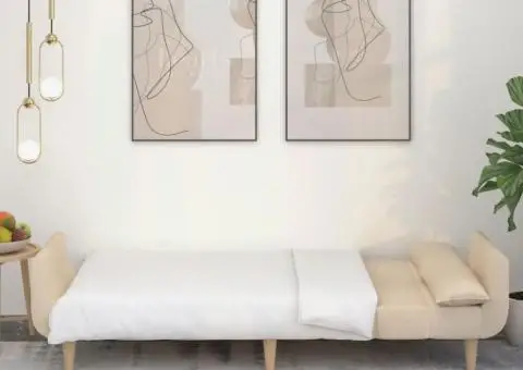 Canapea extensibilă cu 2 locuri, 2 perne, crem, textil - 3/5