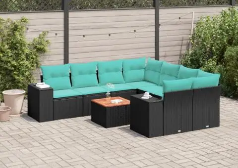 Set mobilier de grădină cu perne, 9 piese, negru, poliratan - 1/3