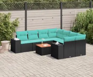 vidaXL Set mobilier de grădină cu perne, 9 piese, negru, poliratan