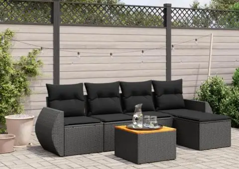 Set mobilier de grădină cu perne, 6 piese, negru, poliratan - 1/3