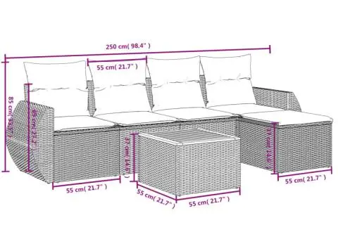 Set mobilier de grădină cu perne, 6 piese, negru, poliratan - 3/3