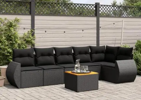 Set canapele de grădină cu perne, 7 piese, negru, poliratan - 1/3