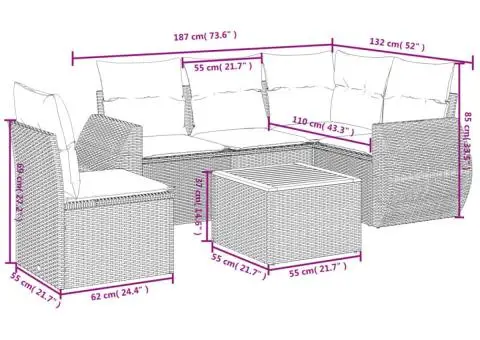 Set mobilier grădină cu perne, 6 piese, gri, poliratan - 3/3