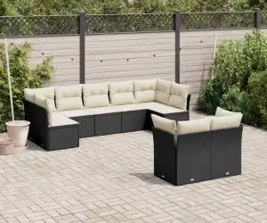 vidaXL Set mobilier de grădină cu perne, 9 piese, negru, poliratan