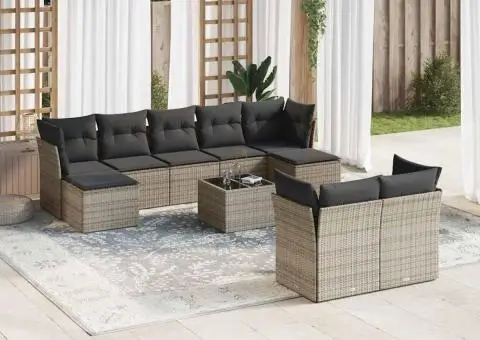 Set mobilier de grădină cu perne, 10 piese, gri, poliratan - 1/3