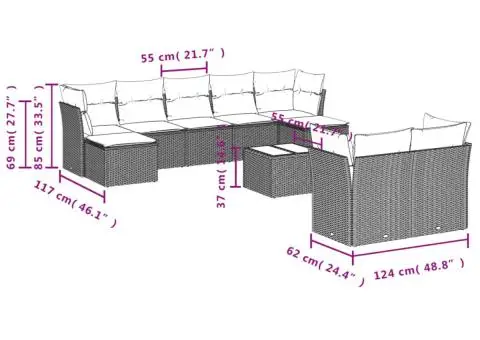Set mobilier de grădină cu perne, 10 piese, gri, poliratan - 3/3