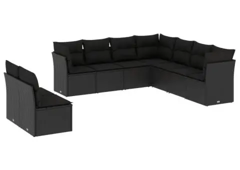 Set mobilier de grădină cu perne, 9 piese, negru, poliratan - 2/3