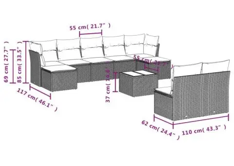Set mobilier de grădină cu perne, 10 piese, gri, poliratan - 3/3