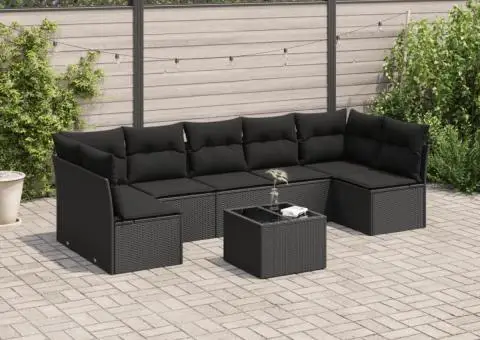 Set mobilier de grădină cu perne, 8 piese, negru, poliratan - 1/3