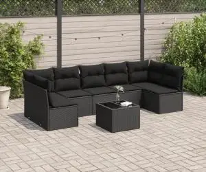 vidaXL Set mobilier de grădină cu perne, 8 piese, negru, poliratan