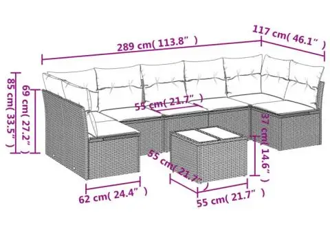 Set mobilier de grădină cu perne, 8 piese, negru, poliratan - 3/3
