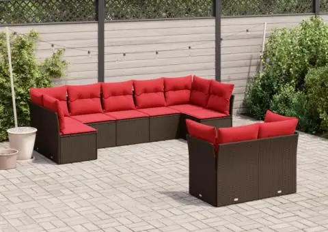 Set canapele de grădină cu perne, 9 piese, maro, poliratan - 1/3