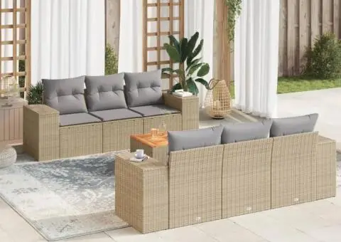 Set canapele de grădină, 7 piese, cu perne, bej, poliratan - 1/3