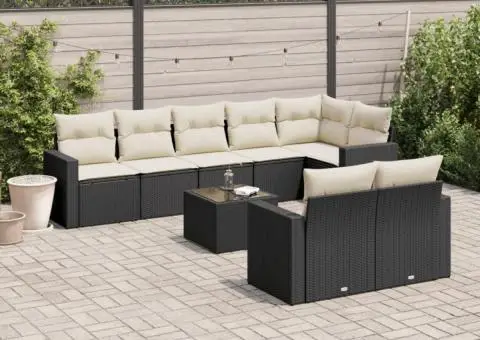 Set mobilier de grădină cu perne, 9 piese, negru, poliratan - 1/3