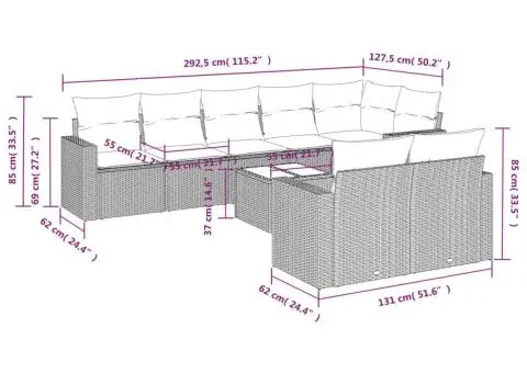Set mobilier de grădină cu perne, 9 piese, negru, poliratan - 3/3