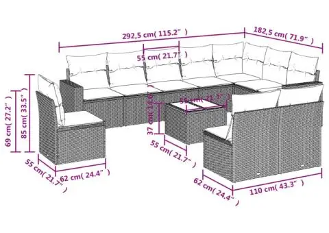 Set canapele de grădină cu perne, 11 piese, negru, poliratan - 3/3