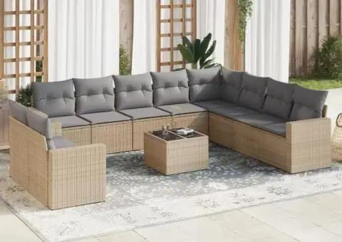 Set canapele de grădină cu perne, 11 piese, bej, poliratan - 1/3