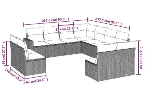 Set canapele de grădină cu perne, 11 piese, bej, poliratan - 3/3