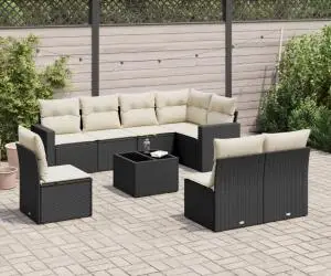 vidaXL Set mobilier de grădină cu perne, 9 piese, negru, poliratan