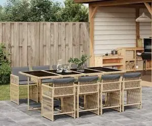 vidaXL Set de masă pentru grădină, 9 piese, cu perne, bej, poliratan