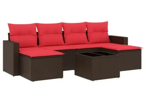 Set canapele de grădină cu perne, 7 piese, maro, poliratan - 2/3